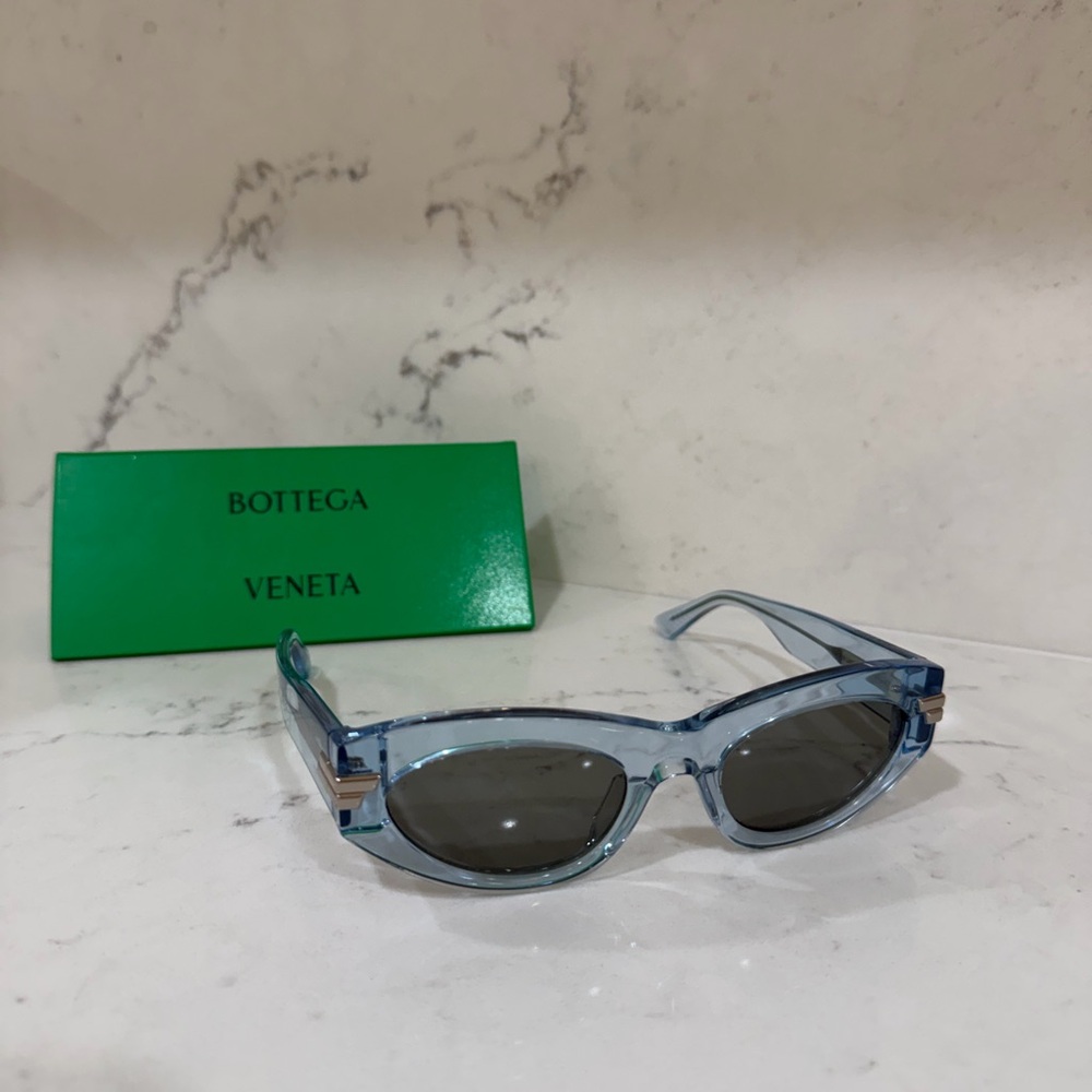 Bottega Veneta Translucent Light Blue Frame Sunglasses with Gray Lenses